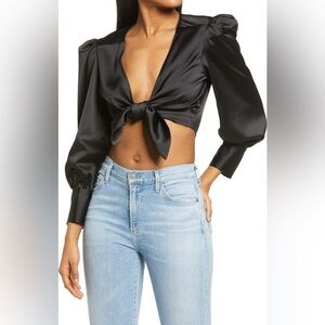 WAYF Black Satin Alcott Long Sleeve Tie Up Knot Crop Top Blouse Size Large